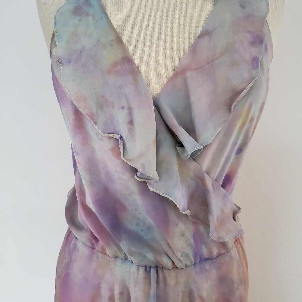 Haute Hippie silk maxi dress tiedyed gray pink blue purple rainbow ruffle 6 8 10